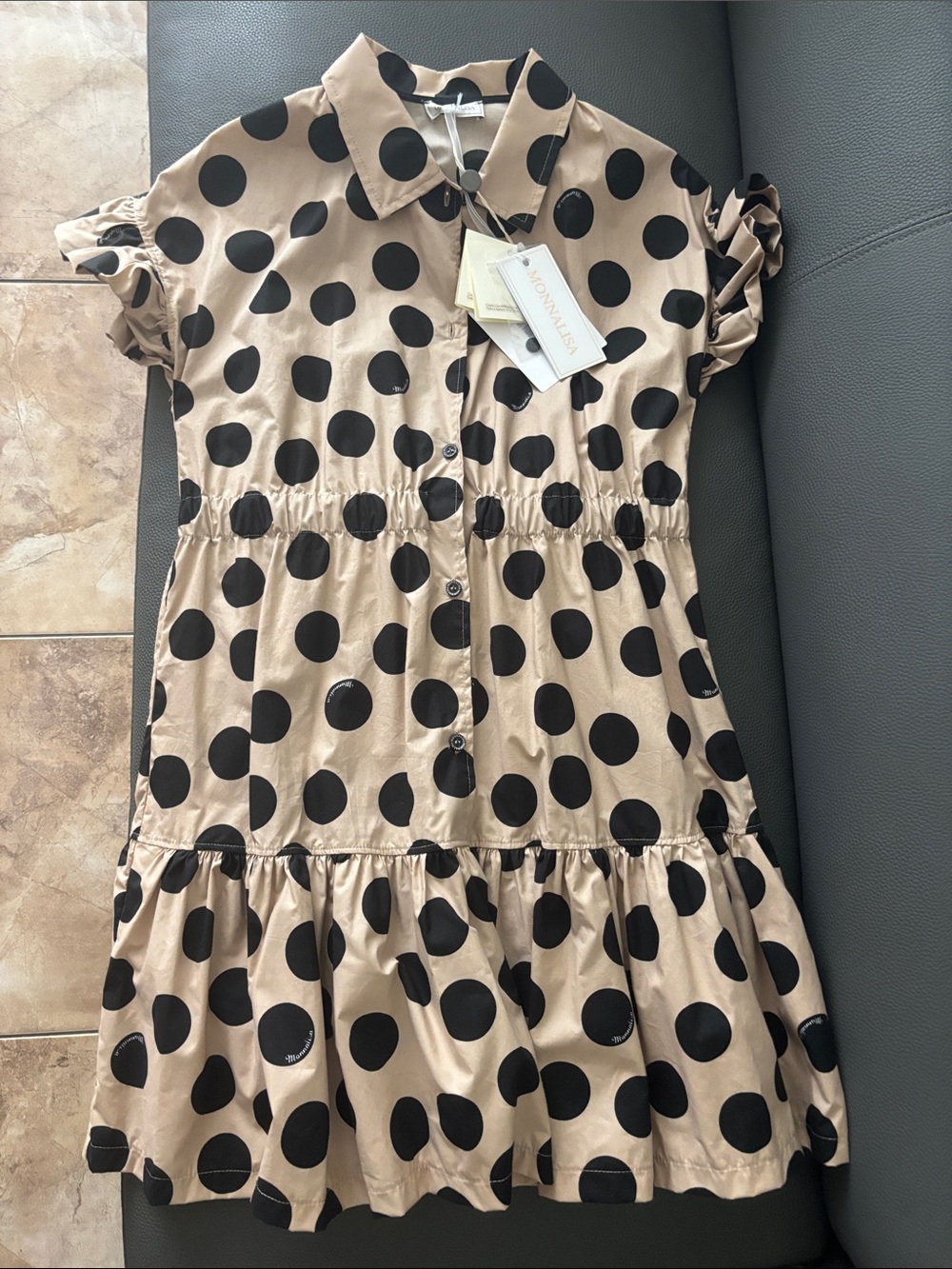 MonnaLisa Black Polka Dot Button-Front Dress on Beige 14Y girls